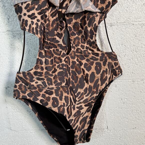 Bar III Solid Cowlneck One-Piece Swimsuit animal print multi, L MSRP $94 - Picture 6 of 11